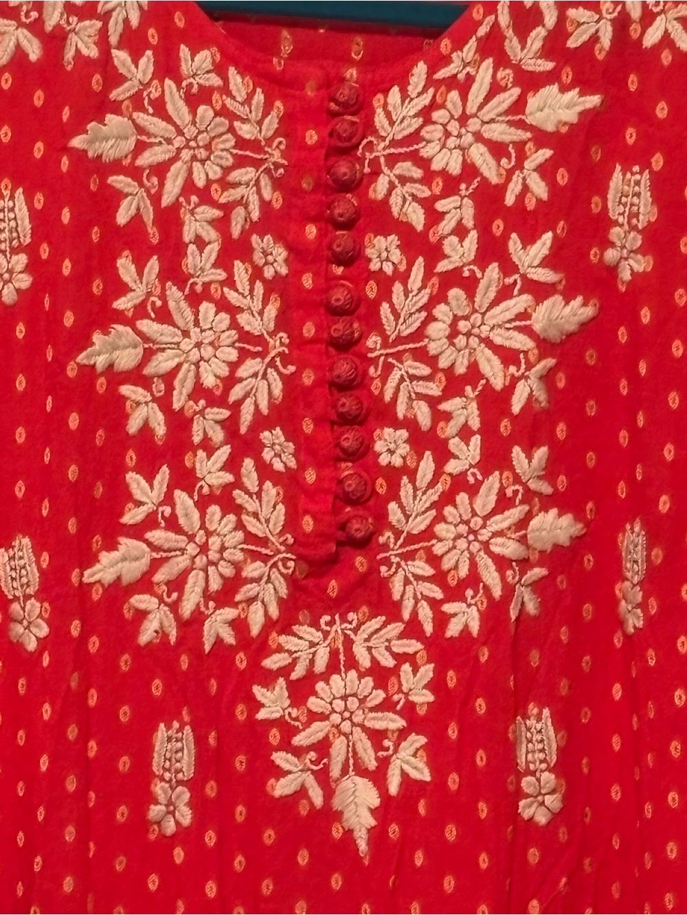 Johnny Was Type Red Tunic Top with Cream Floral Embroidery - Picture 2 of 11